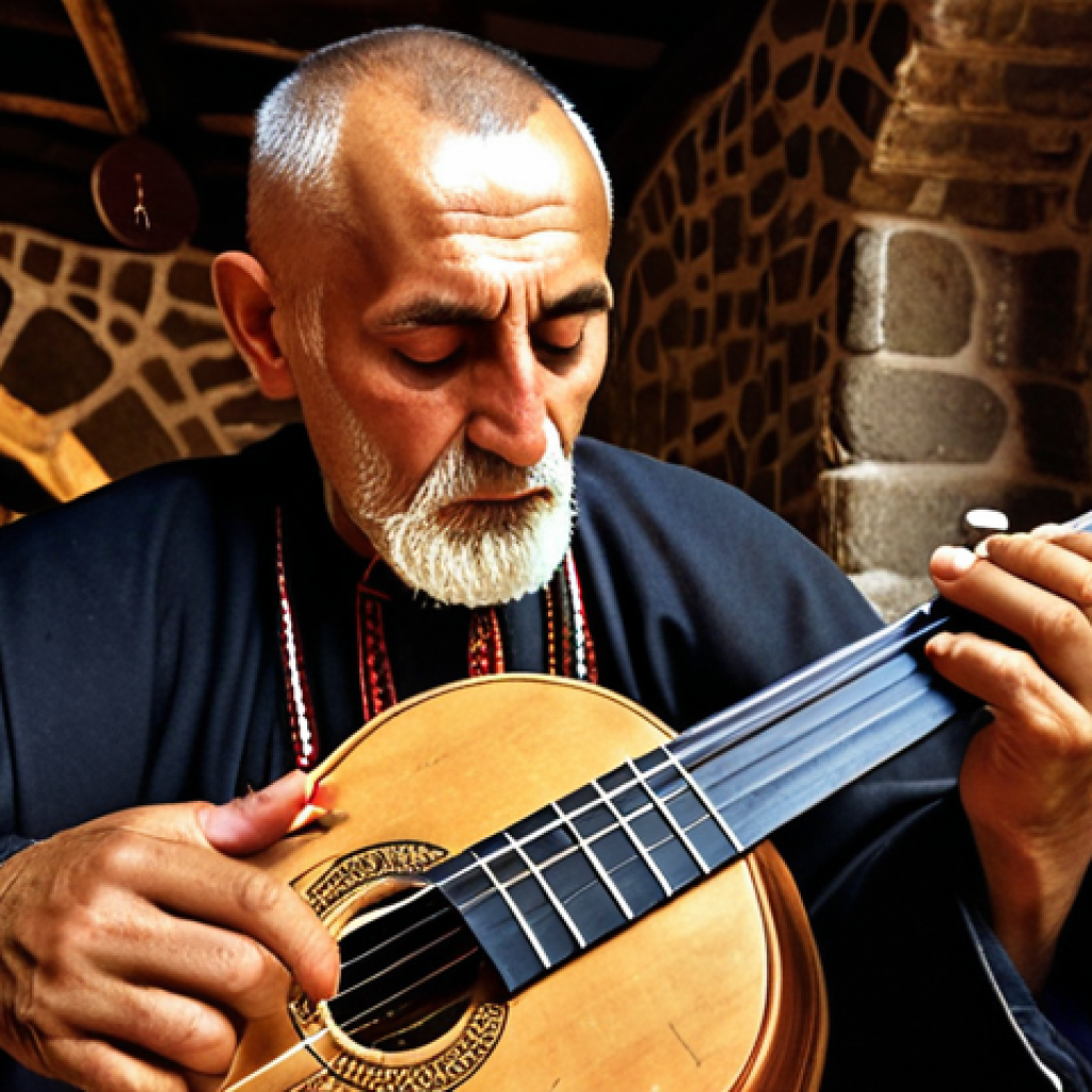 A venerable Montenegrin guslar, eyes closed in concentration, deeply absorbed in playing the single-stringed gusle. The gusle is intricately carved with a traditional goat or hero's head. The setting is a rugged, atmospheric Montenegrin mountain interior or a traditional stone dwelling, with dramatic lighting that emphasizes the solemn, ancestral, and epic mood of the music. The guslar wears traditional Montenegrin attire, evoking a sense of deep history and heroic tales.
