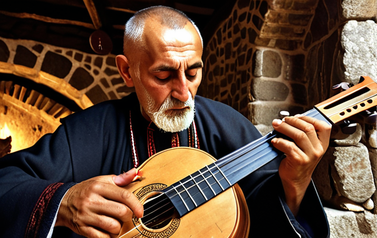 A venerable Montenegrin guslar, eyes closed in concentration, deeply absorbed in playing the single-stringed gusle. The gusle is intricately carved with a traditional goat or hero's head. The setting is a rugged, atmospheric Montenegrin mountain interior or a traditional stone dwelling, with dramatic lighting that emphasizes the solemn, ancestral, and epic mood of the music. The guslar wears traditional Montenegrin attire, evoking a sense of deep history and heroic tales.