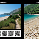 **A deserted beach in Budva, Montenegro, contrasting with a vibrant digital marketing campaign showcasing Durmitor National Park hiking trails. QR codes with safety information are subtly placed in the scene. Focus on the shift from mass tourism to sustainable and conscious travel.**