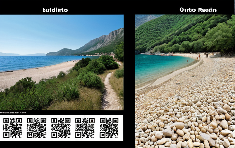 **A deserted beach in Budva, Montenegro, contrasting with a vibrant digital marketing campaign showcasing Durmitor National Park hiking trails. QR codes with safety information are subtly placed in the scene. Focus on the shift from mass tourism to sustainable and conscious travel.**