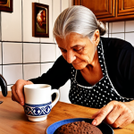 **A cozy kitchen scene in Montenegro. An older woman is carefully pouring Montenegrin coffee from a "džezva" into a small cup. Warm, inviting light, with details of traditional Montenegrin décor in the background.**