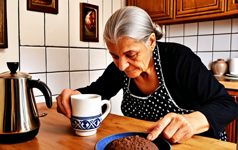 **A cozy kitchen scene in Montenegro. An older woman is carefully pouring Montenegrin coffee from a "džezva" into a small cup. Warm, inviting light, with details of traditional Montenegrin décor in the background.**