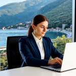 A professional, focused businesswoman in her late 30s, dressed in a modest business suit, seated at a modern desk with a laptop, engaged in work. The office setting is sleek and contemporary, featuring a large window that overlooks a picturesque view of Montenegro's mountainous coastline, bathed in soft, natural daylight. The atmosphere conveys efficiency and calm. Perfect anatomy, correct proportions, natural pose, well-formed hands, proper finger count, natural body proportions. Professional photography, high quality, safe for work, appropriate content, fully clothed, professional dress.