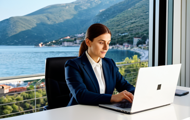 A professional, focused businesswoman in her late 30s, dressed in a modest business suit, seated at a modern desk with a laptop, engaged in work. The office setting is sleek and contemporary, featuring a large window that overlooks a picturesque view of Montenegro's mountainous coastline, bathed in soft, natural daylight. The atmosphere conveys efficiency and calm. Perfect anatomy, correct proportions, natural pose, well-formed hands, proper finger count, natural body proportions. Professional photography, high quality, safe for work, appropriate content, fully clothed, professional dress.