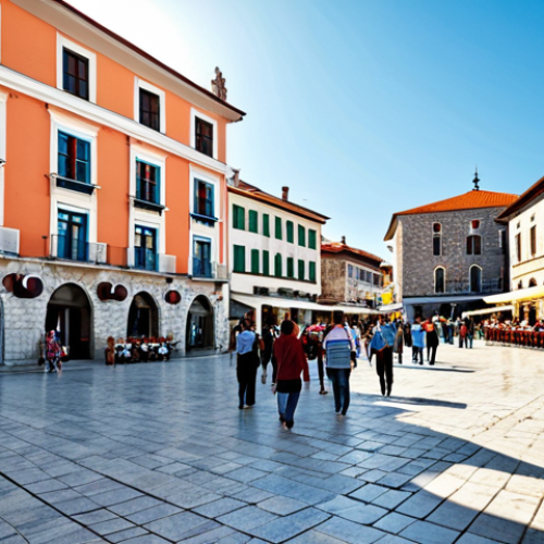 Home 25 **
"A bustling town square in Montenegro, featuring modern buildings alongside traditional stone architecture. People of diverse backgrounds are engaging in commerce and cultural activities, fully clothed in modest, contemporary attire. The scene captures the blend of tradition and progress in a modern Balkan nation. Sunlight, vibrant colors, safe for work, appropriate content, professional photography, perfect anatomy, natural proportions, fully clothed, family-friendly."
**