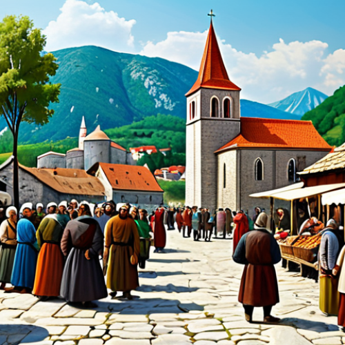 Home 12 Medieval Duklja**
"A vibrant depiction of life in the medieval Kingdom of Duklja, circa 1050 AD. Depict a bustling marketplace with people in traditional Slavic clothing, a stone church in the background, and the rolling hills of the Montenegrin landscape. Fully clothed figures engaging in commerce and daily life. Perfect anatomy, correct proportions, natural pose, safe for work, appropriate content, fully clothed, modest, family-friendly, historical illustration, vibrant colors, well-formed hands, proper finger count, natural body proportions."
**