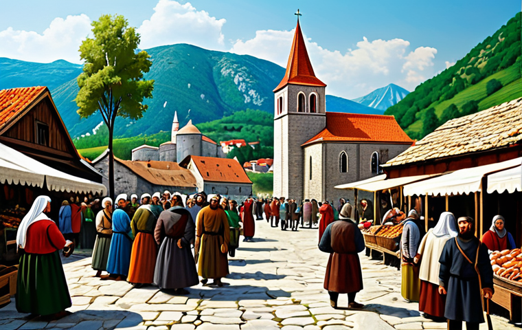 Medieval Duklja**

"A vibrant depiction of life in the medieval Kingdom of Duklja, circa 1050 AD. Depict a bustling marketplace with people in traditional Slavic clothing, a stone church in the background, and the rolling hills of the Montenegrin landscape. Fully clothed figures engaging in commerce and daily life. Perfect anatomy, correct proportions, natural pose, safe for work, appropriate content, fully clothed, modest, family-friendly, historical illustration, vibrant colors, well-formed hands, proper finger count, natural body proportions."

**