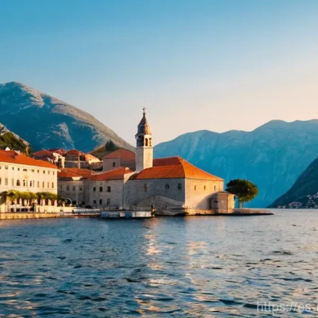 몬테네그로 여행 추천 코스 - **"Serene Perast and Our Lady of the Rocks at Sunset"**
A breathtaking, wide-angle landscape sho...
