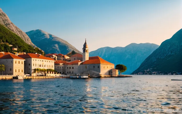 몬테네그로 여행 추천 코스 - **"Serene Perast and Our Lady of the Rocks at Sunset"**
A breathtaking, wide-angle landscape sho...