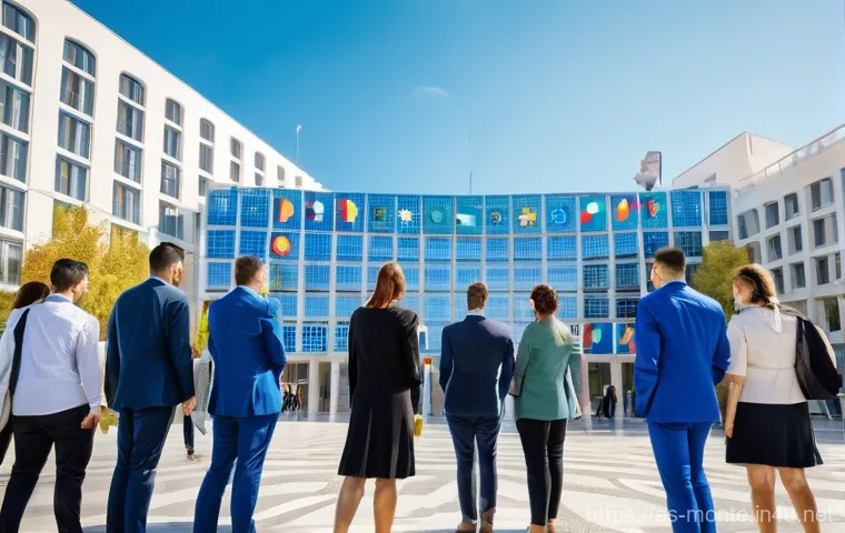 몬테네그로의 외교 정책 - **Montenegro's Path to the EU:** A vibrant and hopeful image depicting a group of diverse, professio...