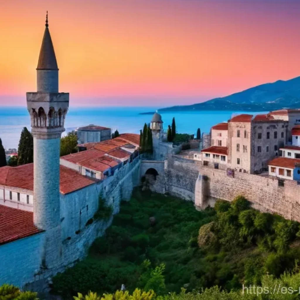 몬테네그로와 이슬람 문화 - **Ulcinj Old Town, Golden Hour Reverie**
A panoramic, atmospheric shot of Ulcinj's Old Town at g...