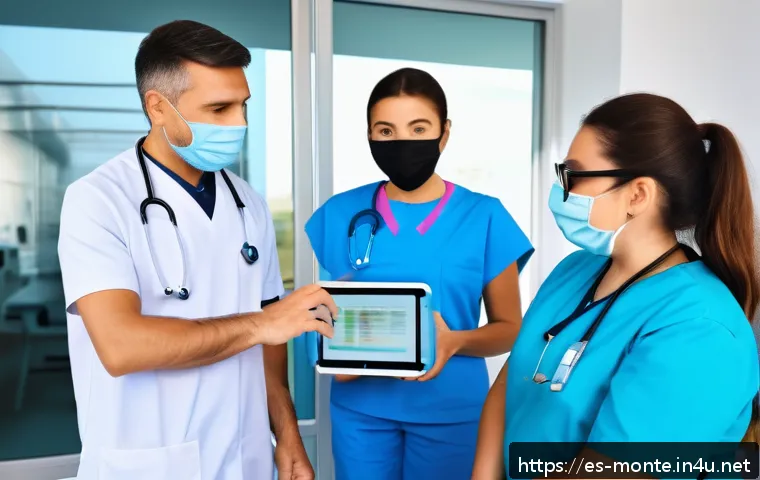 몬테네그로의 건강관리 시스템 - A modern healthcare clinic in Montenegro with doctors and nurses using digital tablets displaying el...