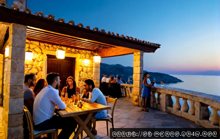 몬테네그로의 밤문화 - Photorealistic evening scene in Montenegro’s coastal nightlife district, stylish adults in casual su...