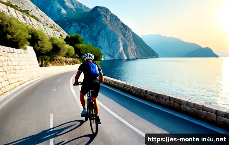 몬테네그로 자전거 여행 - Photorealistic travel scene in Montenegro, a Spanish-speaking couple in practical cycling clothing a...