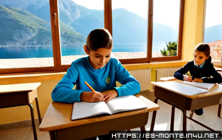몬테네그로 학제 시스템 - Photorealistic bright primary school classroom in Montenegro, young students seated at simple wooden...